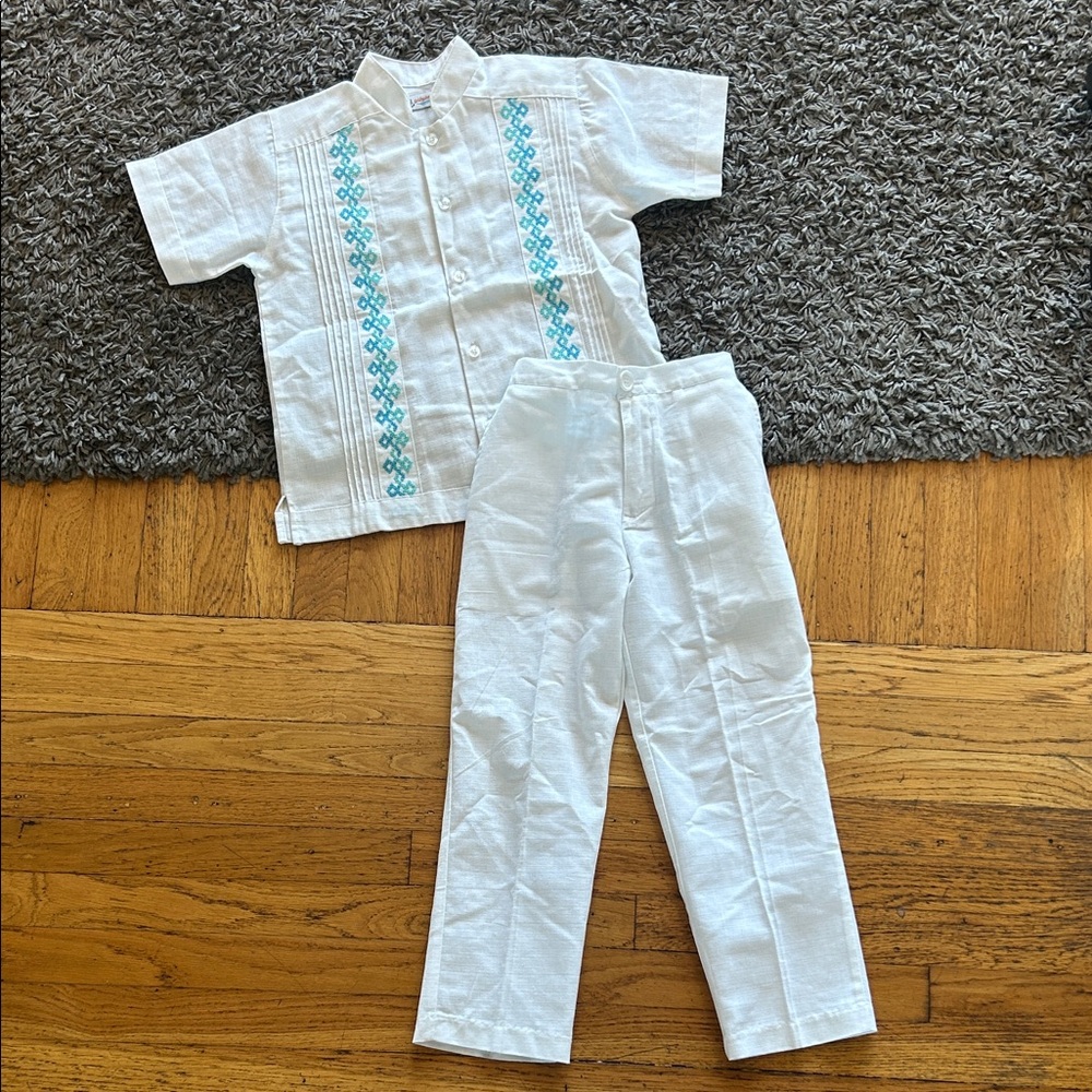 White Kids Matching Set with Teal Embroidery